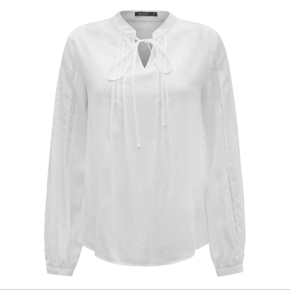 MOTF Premium Viscose Tie Neck Lace Insert Blouse | Size XS | NWT